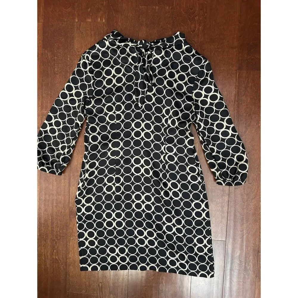 J. Crew 100% Silk Retro 60s Black Shift Dress with Beige Circle Print, Size 6